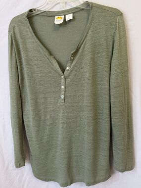 C&C California Olive Green Linen Luxury Basic Henley Long Sleeve Top